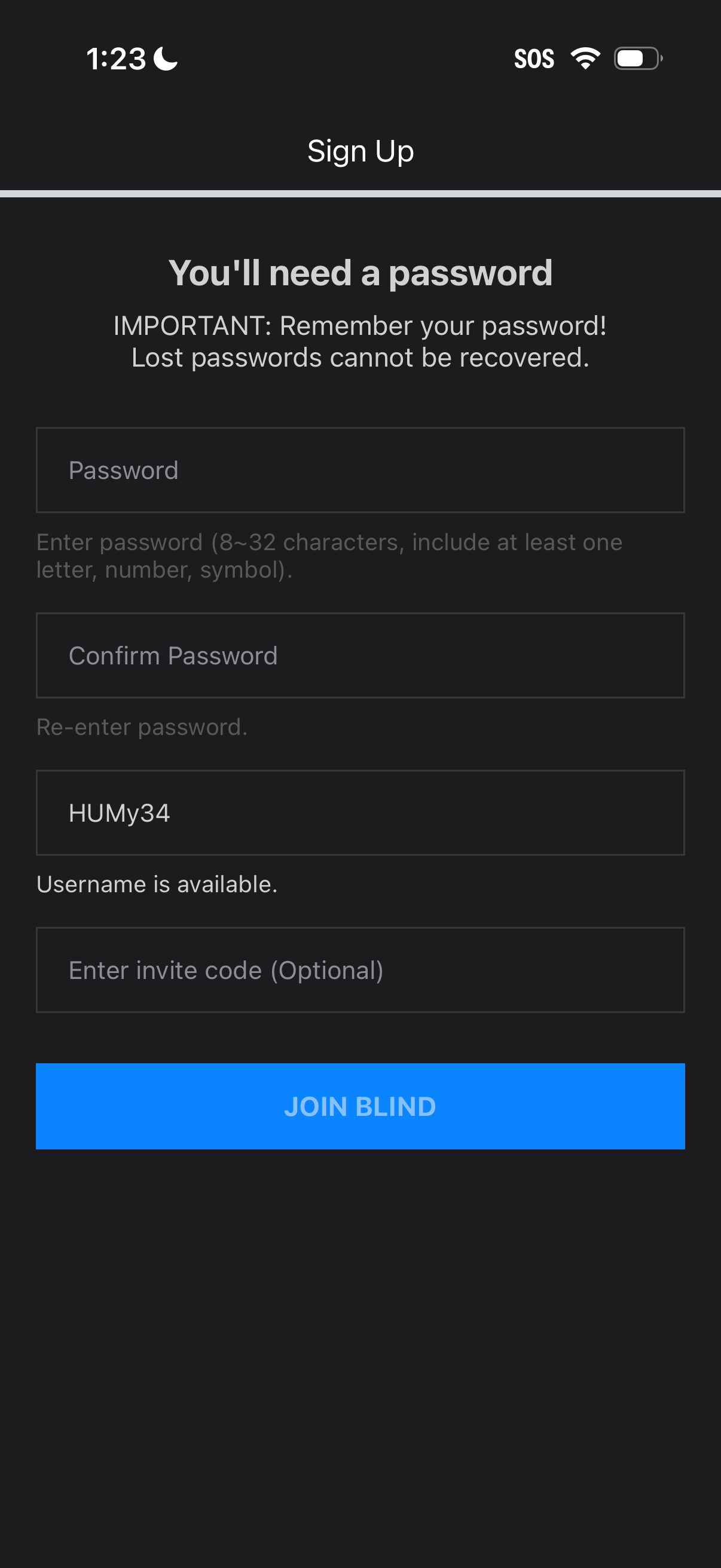 blind signup screenshot